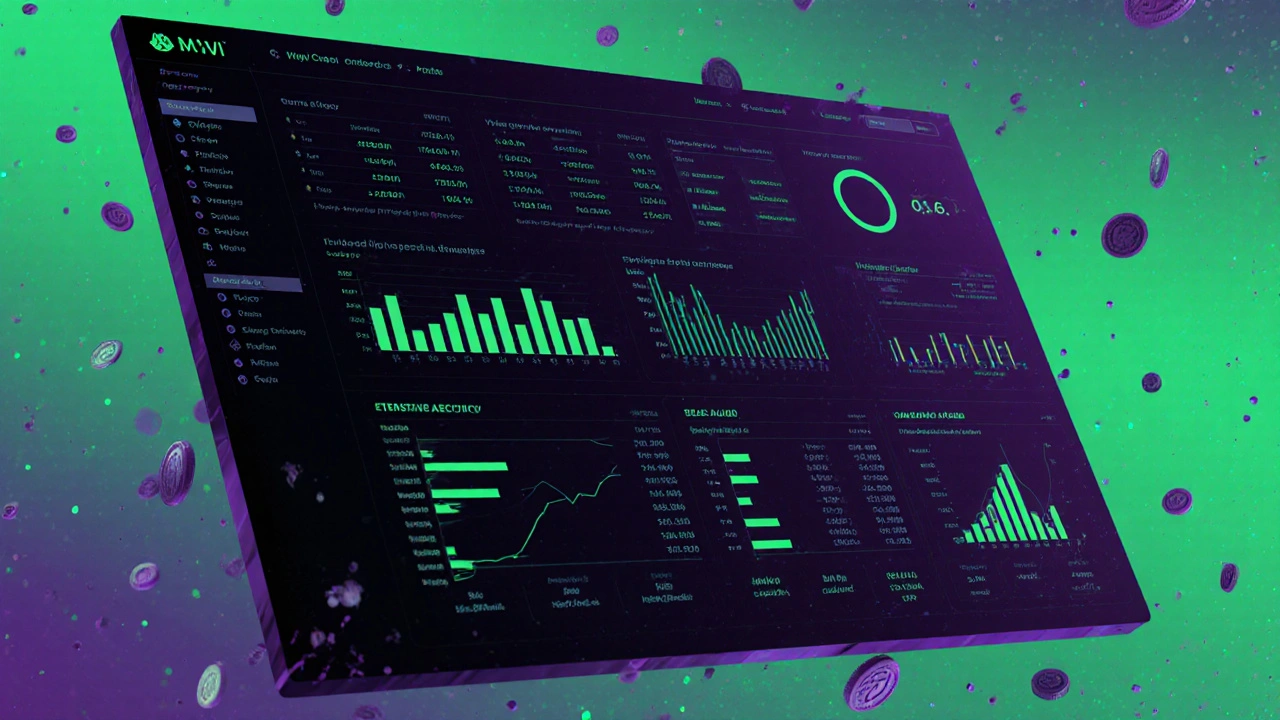 A futuristic dashboard showing automated crypto index rebalancing using on-chain data in cyberpunk style.