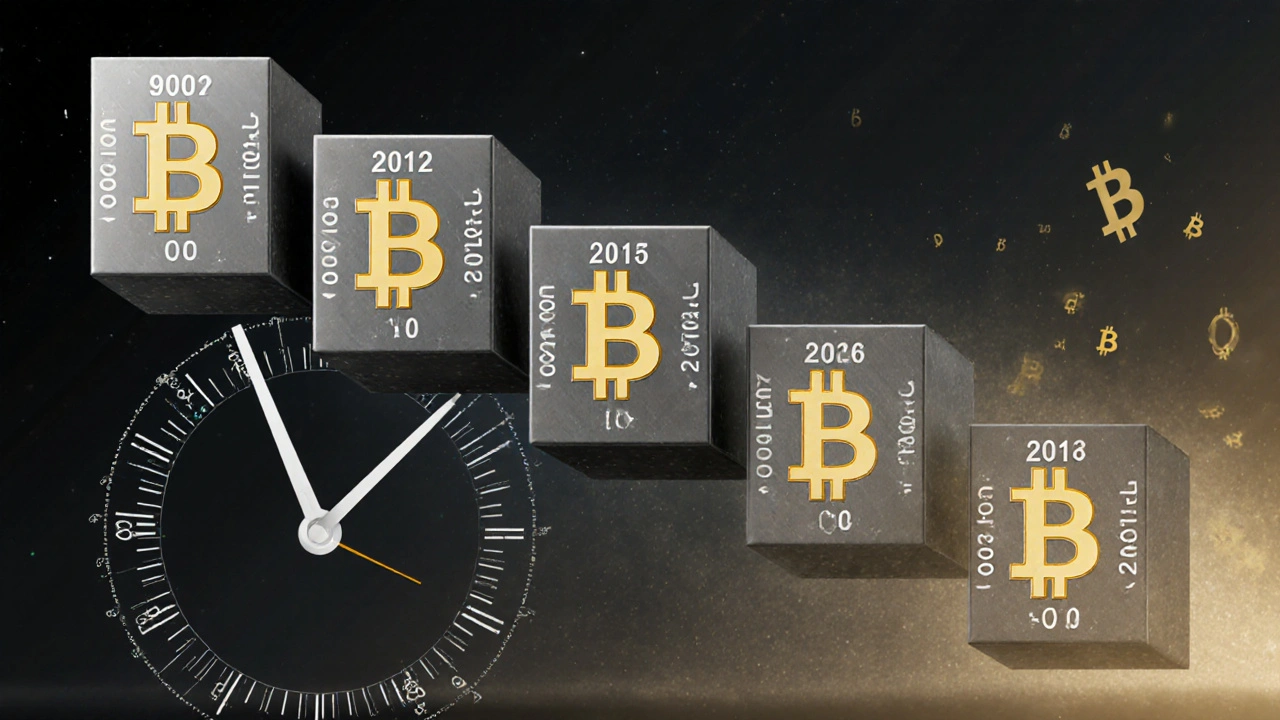 A giant clock made of Bitcoin blocks counting down halvings from 2009 to 2140.