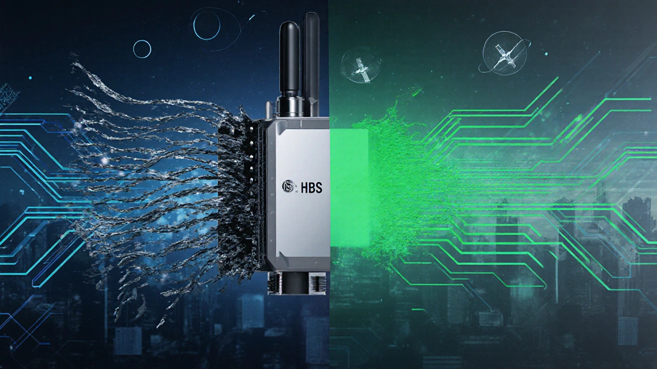 A GNSS receiver filters noisy satellite signals using the HK model, highlighting clean, reliable data streams.