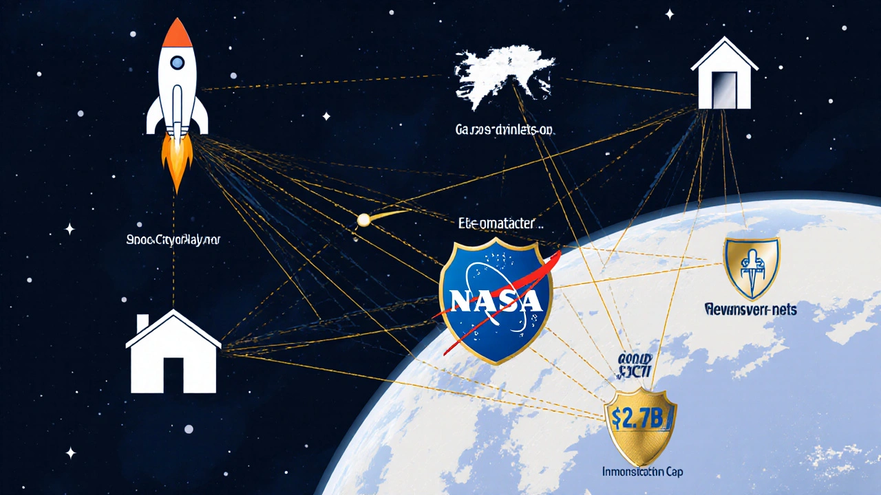 A golden web connecting space assets and a government shield marking the .7 billion indemnification cap.