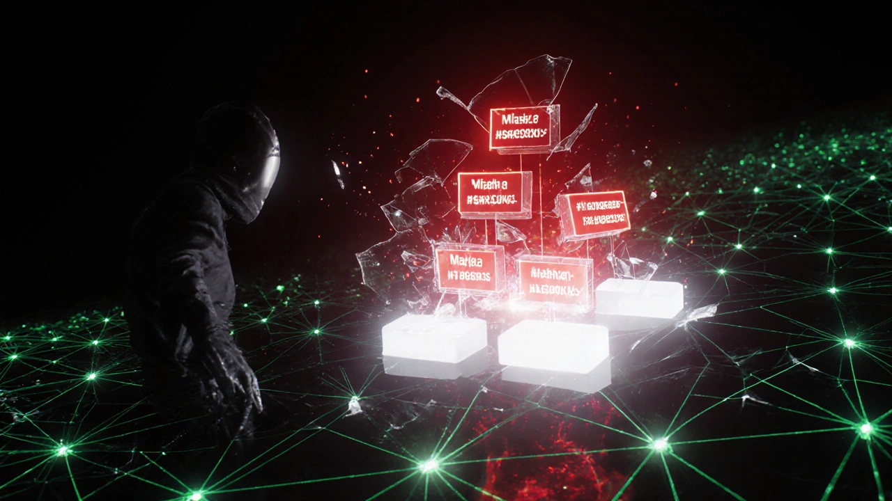 A hacker&#039;s tampered transaction causes a chain reaction that breaks the blockchain above it.