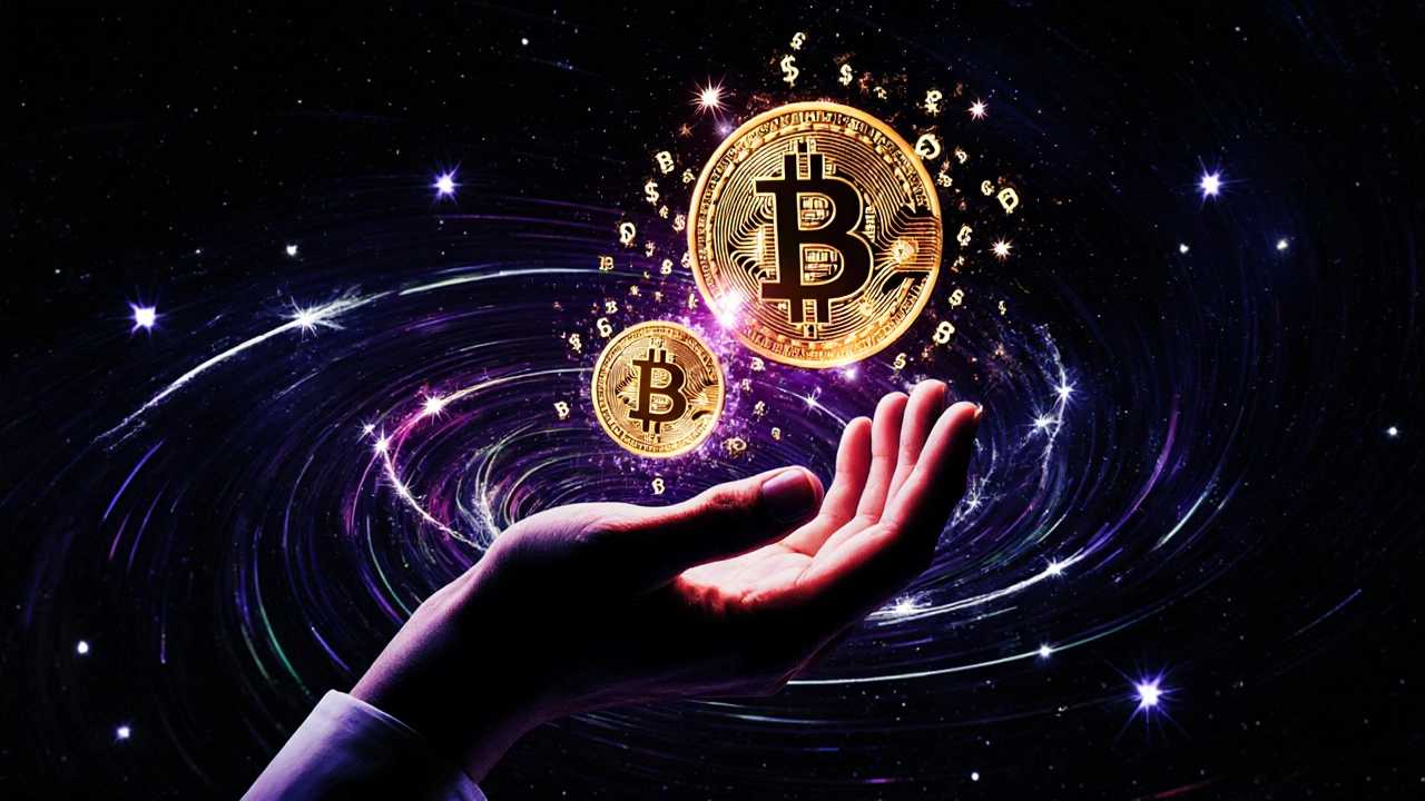 A hand catching a Bitcoin coin shrinking from 50 BTC to 3.125 BTC amid floating transaction fees.