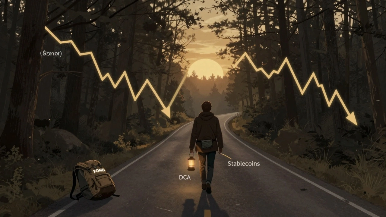 A hiker walking steadily through a dark forest of falling crypto charts, carrying a lantern labeled &#039;DCA&#039; toward sunrise.