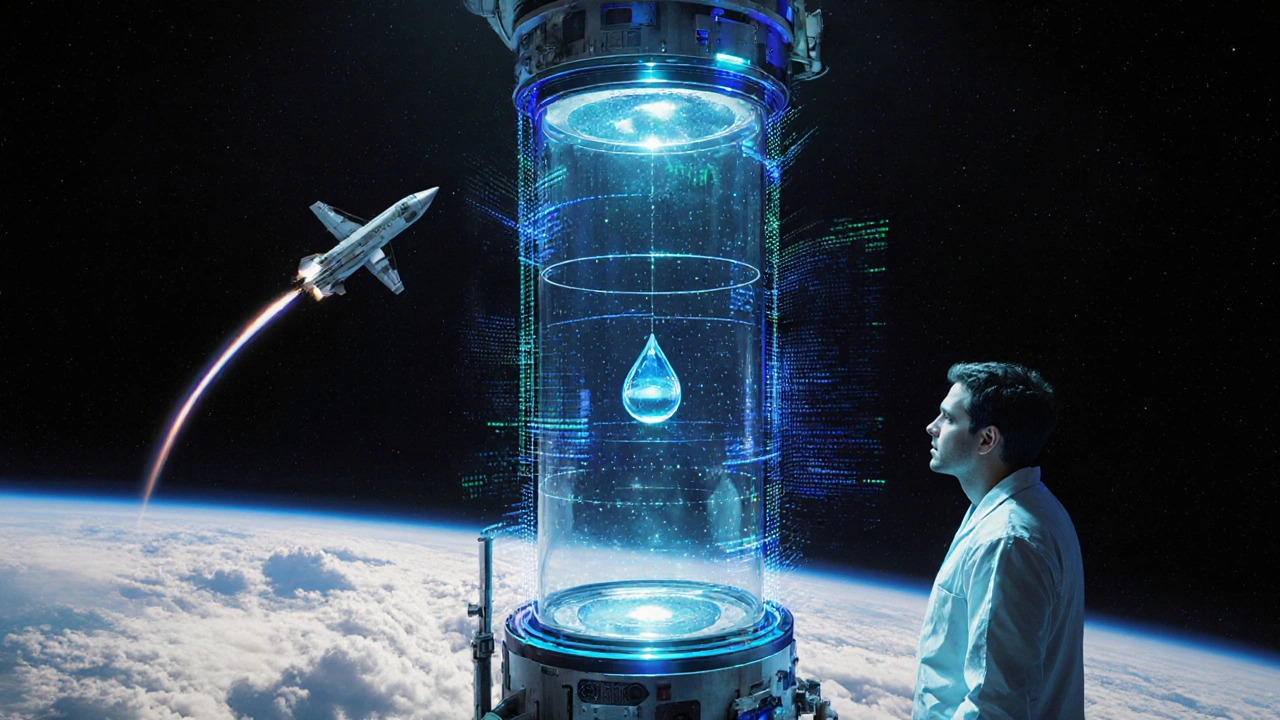 A liquid droplet floating in a drop tower experiment, surrounded by digital data visualizations of microgravity physics.
