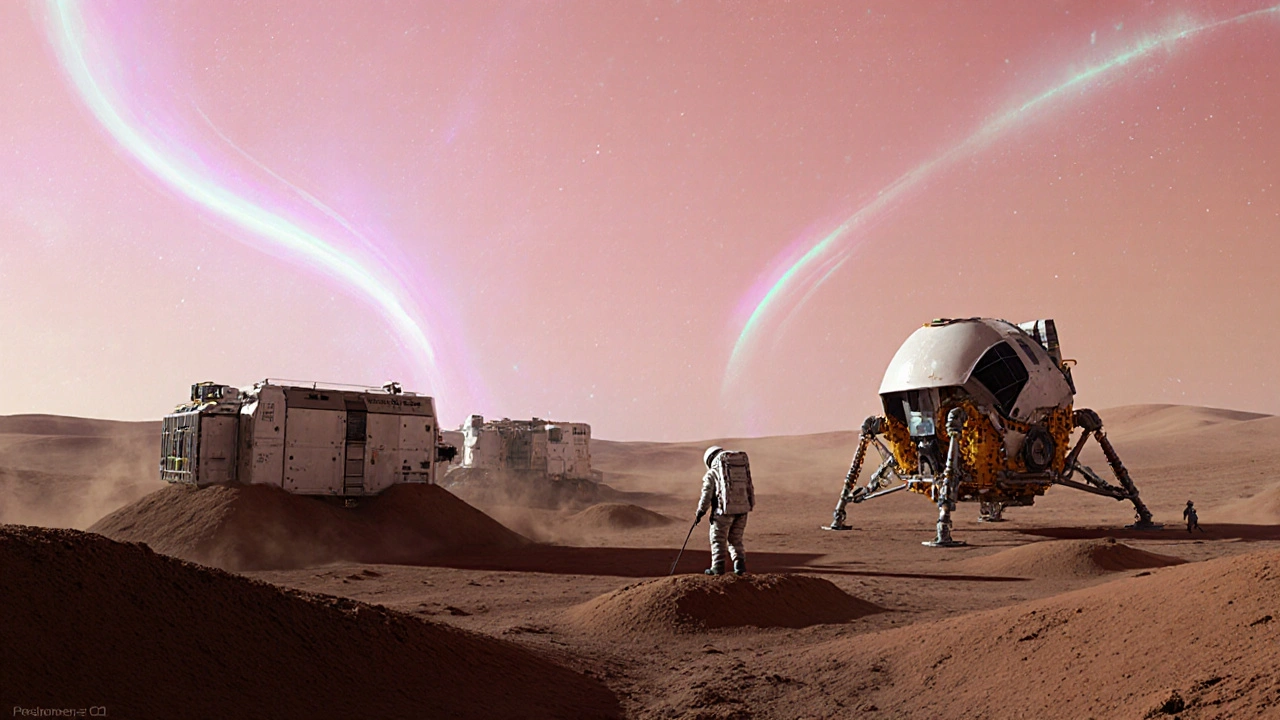 A Martian base with buried habitats and nuclear power units under a dusty pink sky, an astronaut nearby.