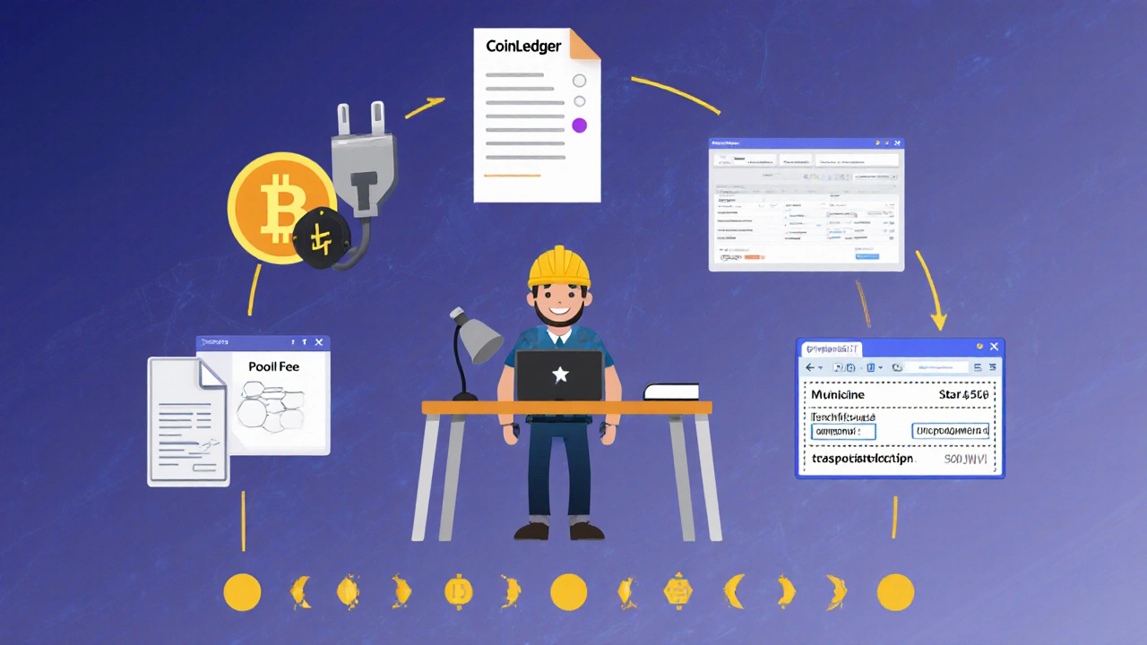 A miner at a desk surrounded by icons representing electricity tracking, tax software, depreciation forms, and blockchain transactions.