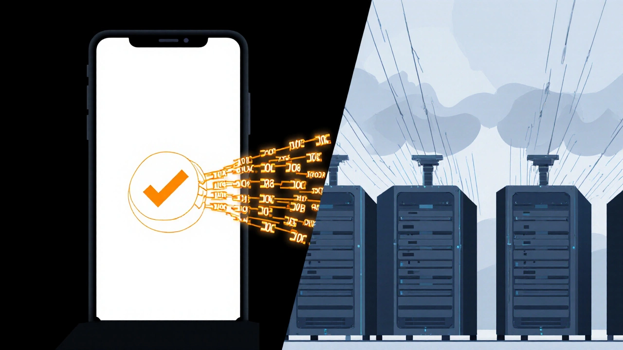 A mobile wallet verifying a transaction via Merkle proof path while a full-node server farm transmits data.