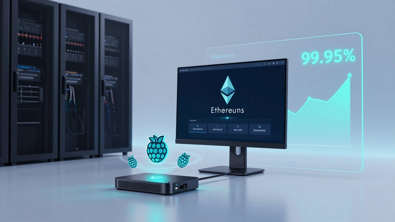 A Raspberry Pi with floating ETH tokens, glowing in soft blue light, symbolizing low-energy staking.