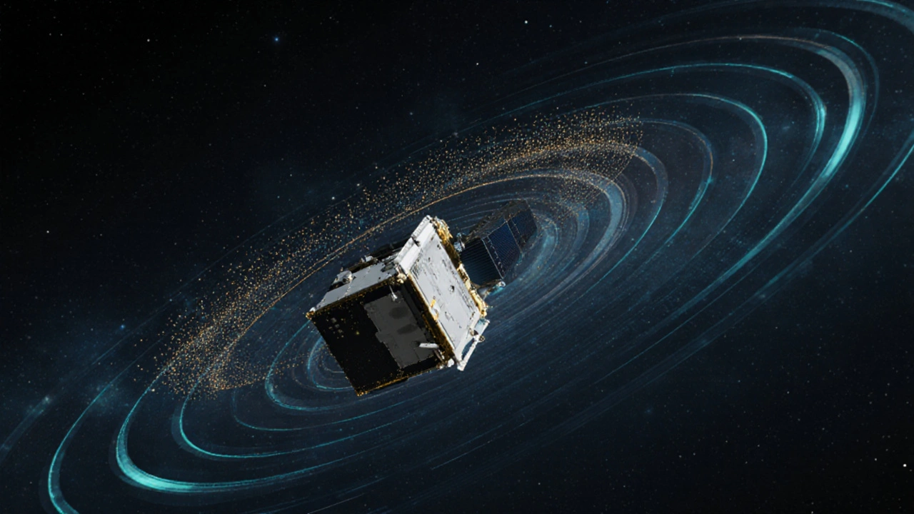A satellite adjusting its position with micro-thrusters, surrounded by digital algorithms and a faint spiral drift pattern against a star-filled sky.