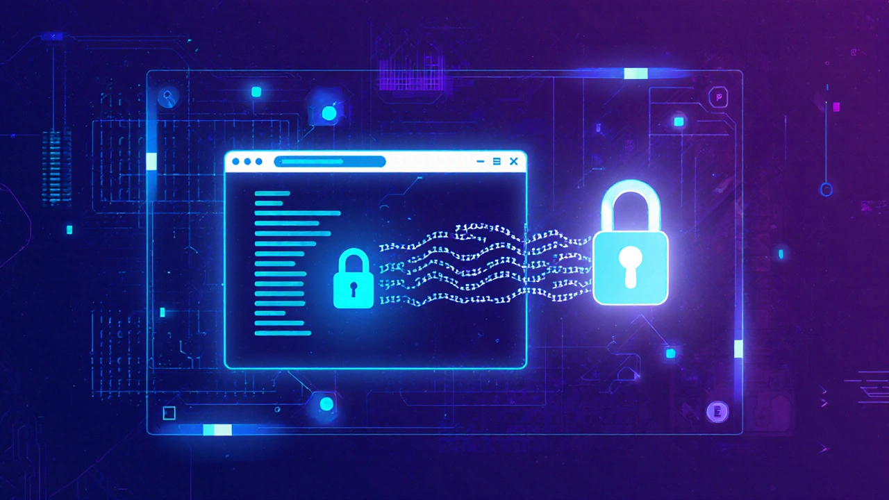 A secure browser connection with encrypted data flowing to a server that holds the only key to decode it.