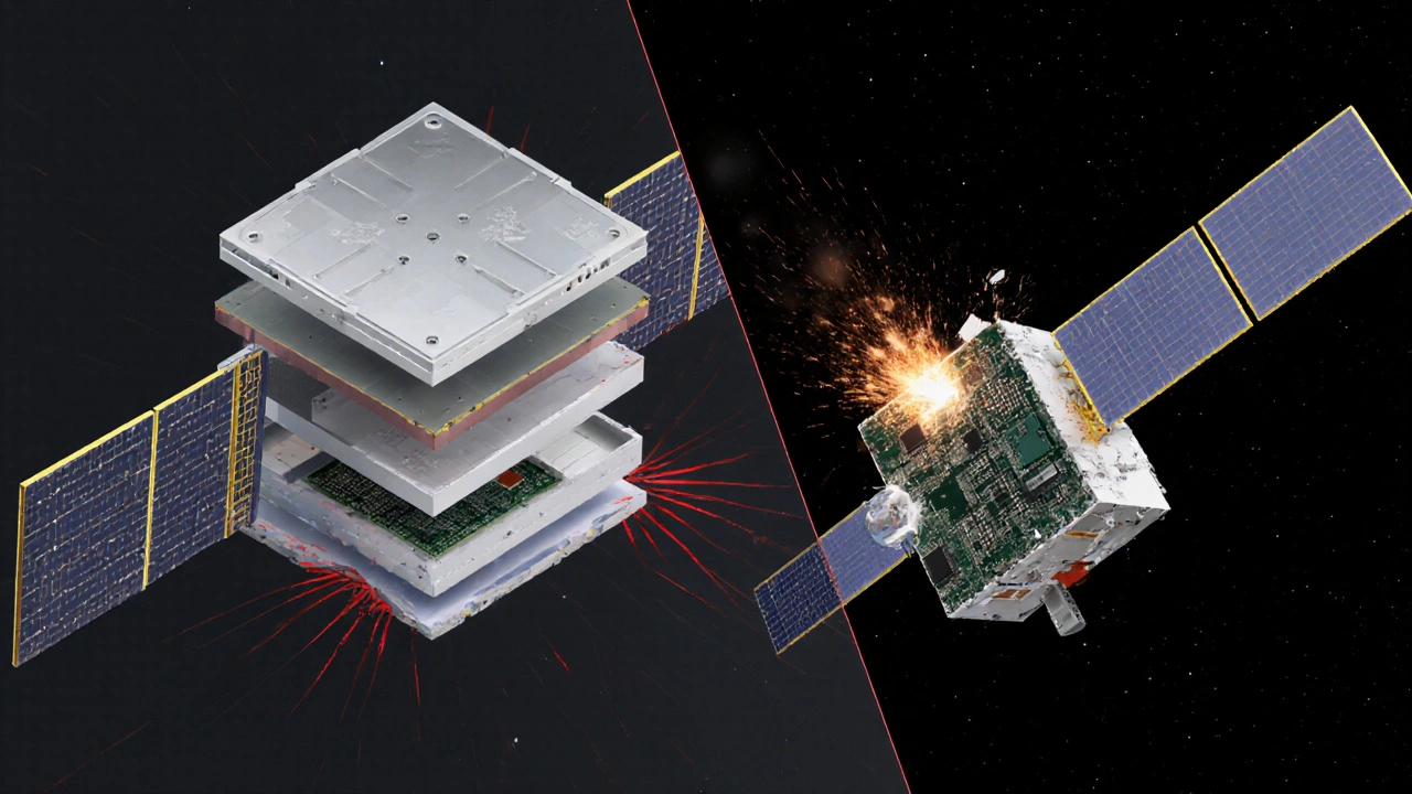 A shielded satellite withstands radiation while a damaged one fails from proton strikes.