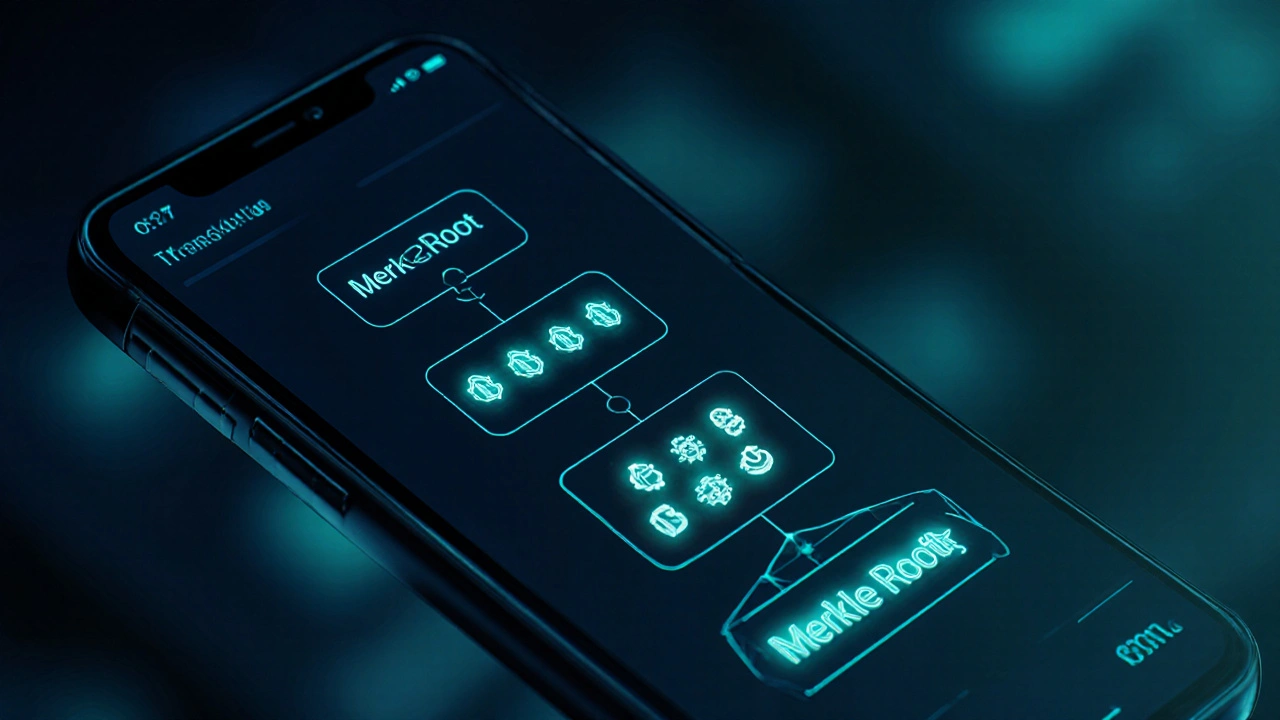 A smartphone showing a transaction verified by a short path of hashes to a Merkle root.