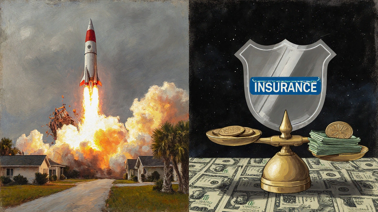 A split image showing rocket destruction versus government liability protection with a balance scale.