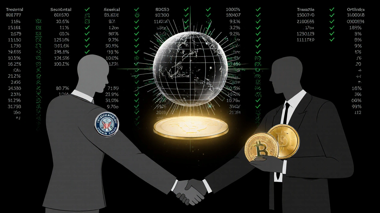 Abstract handshake between central bank and stablecoin issuer above a globe pulsing with global payments, surrounded by verified transaction logs.
