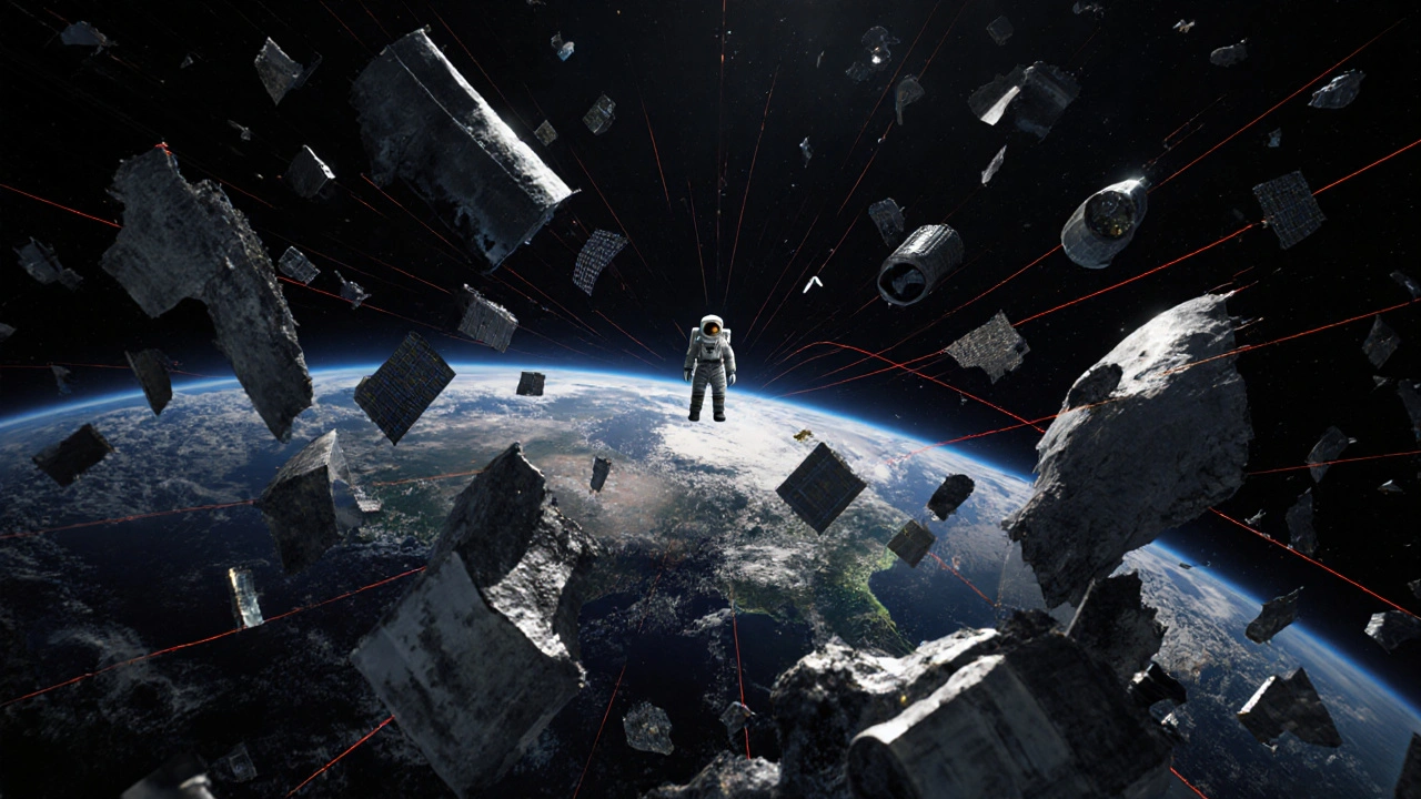 Abstract scene of space debris orbiting Earth with a tiny human figure in a capsule.