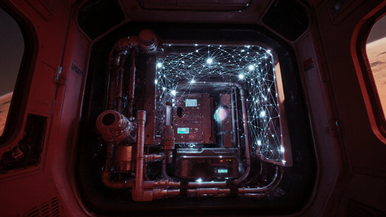 AI-integrated life support system with glowing tubes and data streams in a Mars spacecraft.