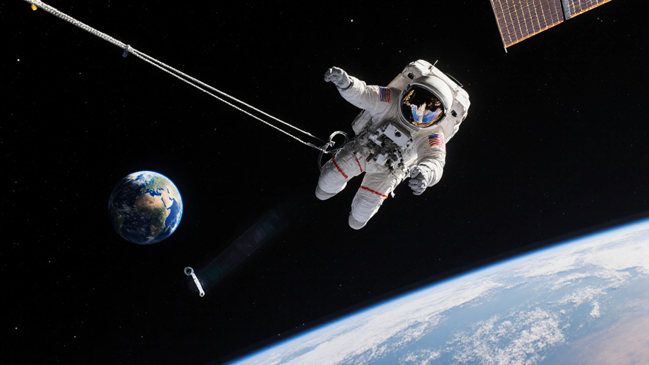 An astronaut floating beside the ISS during a spacewalk, tethered and surrounded by drifting tools.