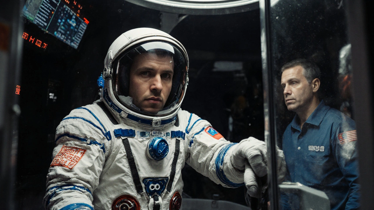 An astronaut in a spacesuit reacts to an emergency alarm in a Soyuz simulator in Russia.