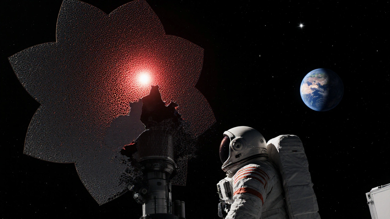 An astronaut inspecting a damaged metamaterial thermal shield with a meteoroid impact, under a starshade blocking starlight.