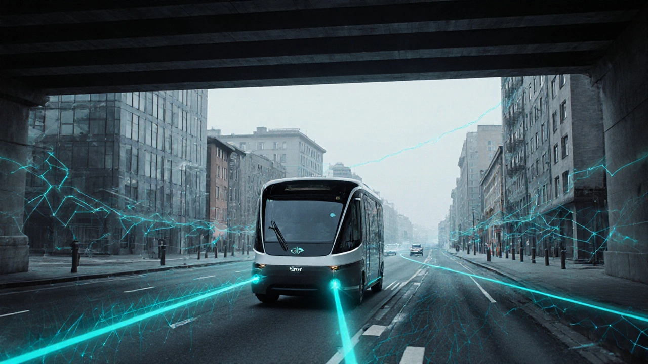 An autonomous shuttle navigates a city street with sub-centimeter precision using advanced sensor fusion technology.