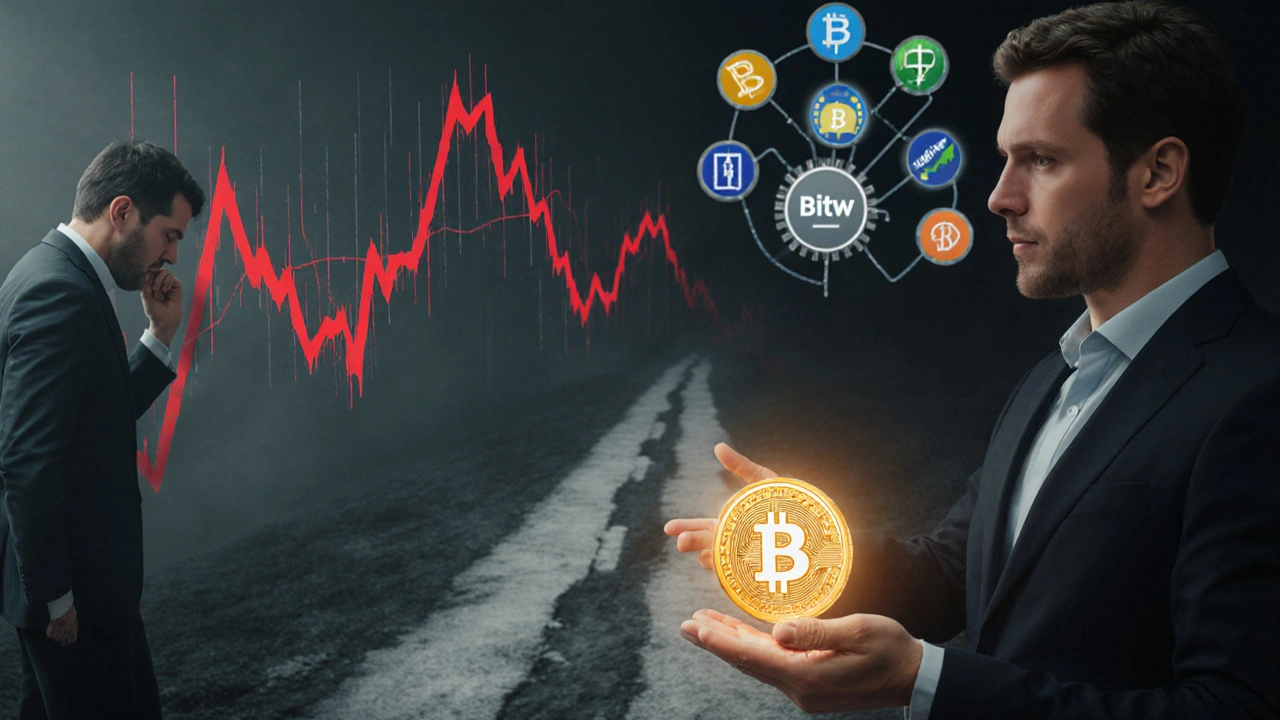 An investor choosing a calm index path over chaotic Bitcoin speculation, symbolizing risk reduction.