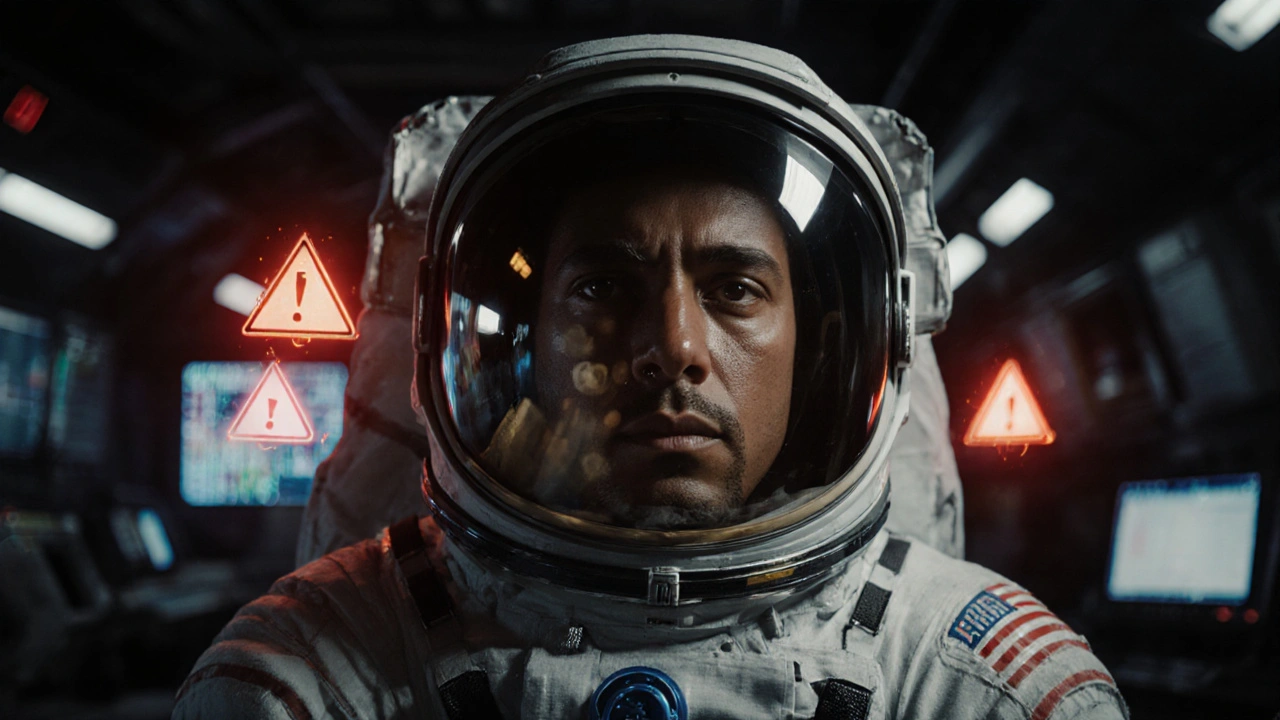 Astronaut in simulation surrounded by holographic alarms, emergency lighting casting dramatic shadows.