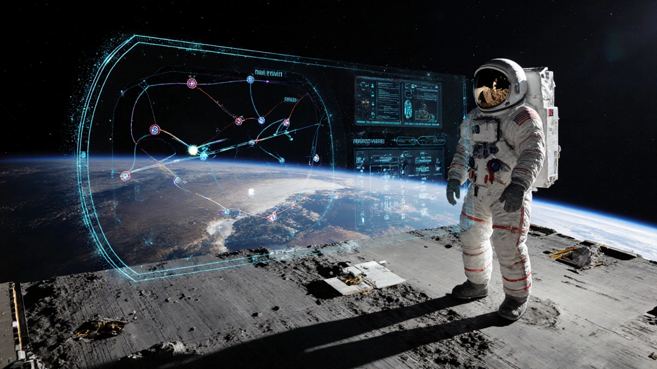 Astronaut on the International Space Station with virtual reality training interfaces glowing around them, Earth visible below.