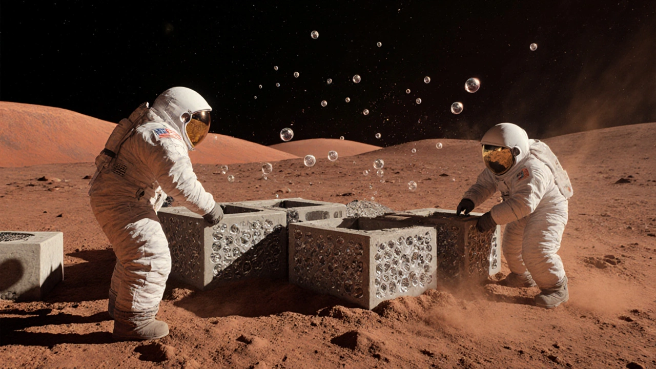 Astronauts building with space-made cement blocks on Moon surface, uniform bubbles visible in material.