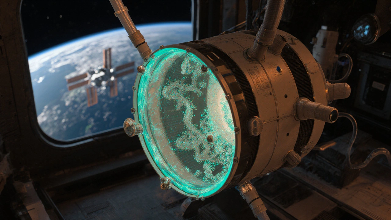 Biological water processor with glowing microbes converting waste into clean water, surrounded by tubing and sensors in a lab setting.