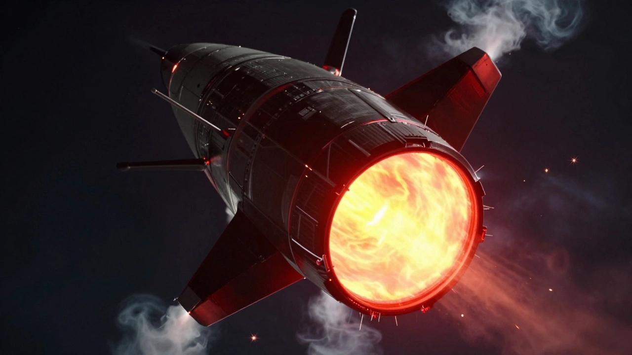 Close-up of Starship&#039;s heat-shielded belly glowing during atmospheric reentry, flaps adjusting.