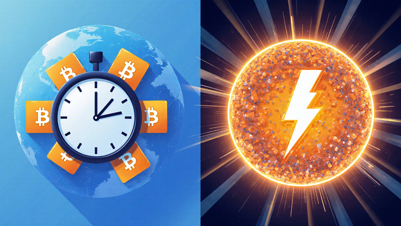 Contrasting slow Bitcoin confirmations versus rapid Avalanche finality in a split conceptual scene.