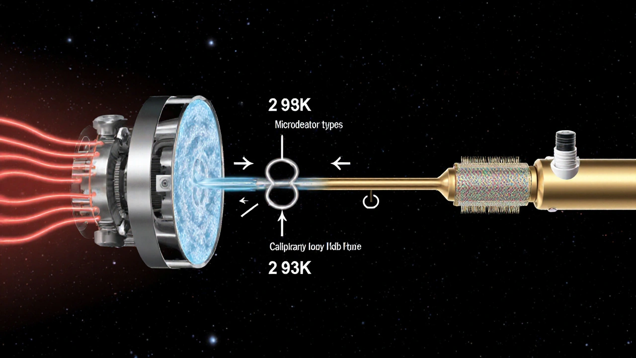 Cross-section of a space cryogenic system showing cryocooler and heat pipe transferring cold in microgravity.