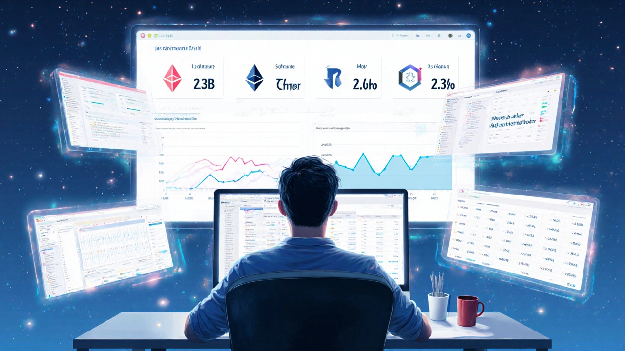 Developer interacting with floating cross-chain interfaces showing real-time transaction metrics.