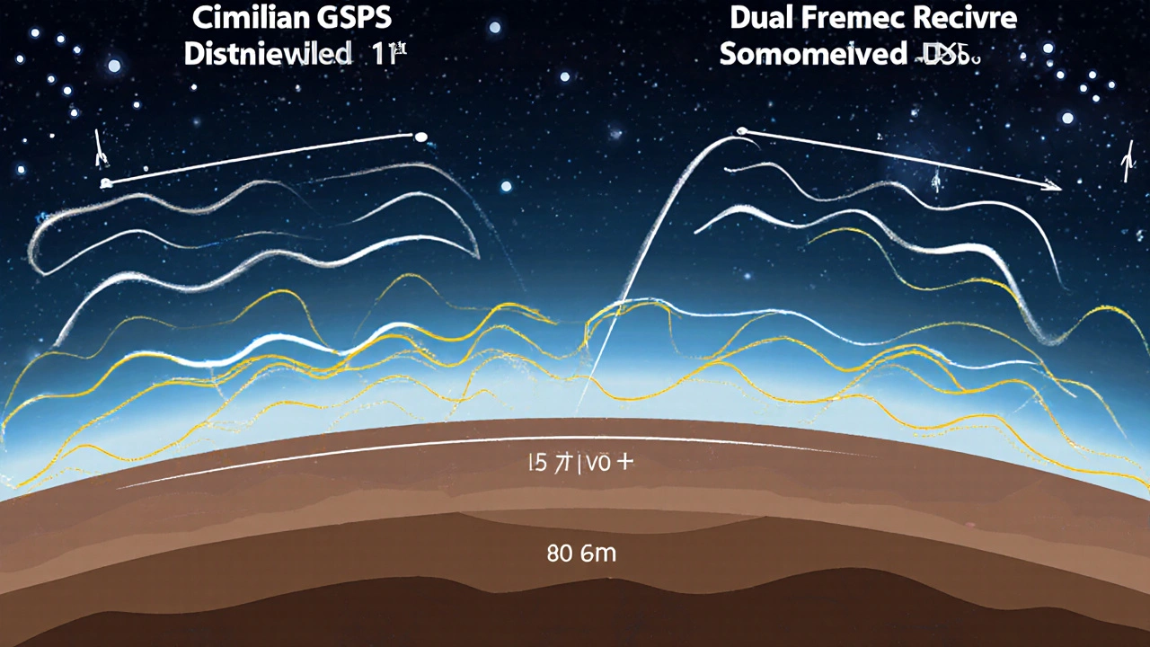 Diagram comparing single-frequency GPS error with dual-frequency correction through atmospheric layers.