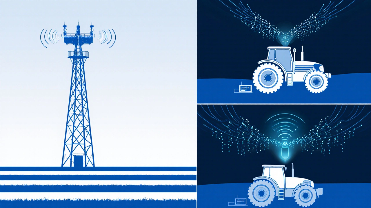Diagram showing RTK system components: base station, communication link, and rover with signal correction.