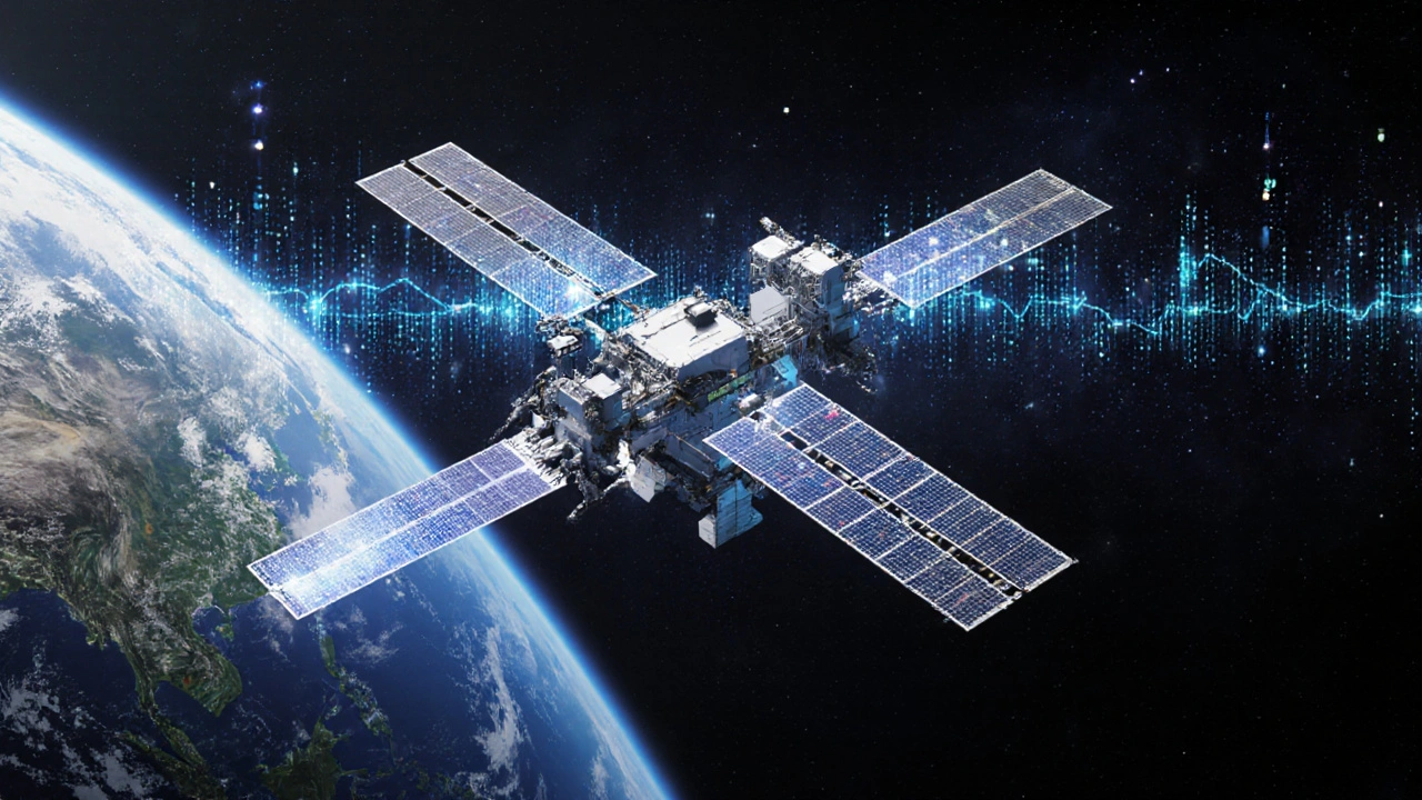 Digital twin of ISS with real-time data overlays connecting to Earth control center.