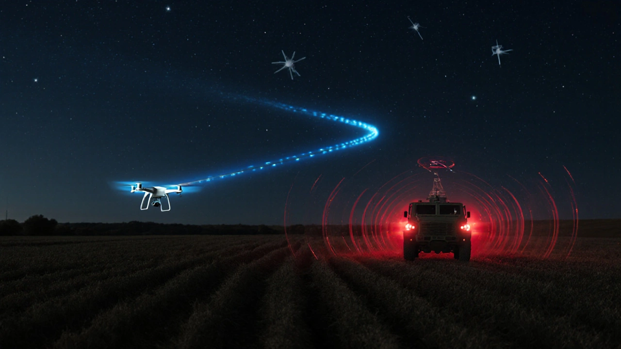 Drone flying over farmland with GPS path, military vehicle in background under jamming interference.