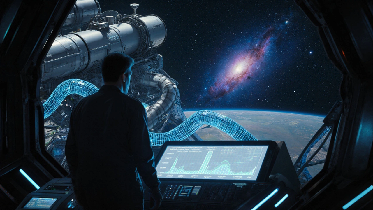 Engineer monitoring vibration data from a space telescope&#039;s cryogenic system, with glowing heat pipes in background.