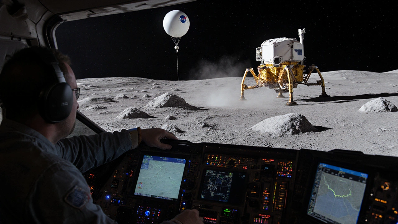 Engineers monitor a Mars landing prototype descending over lunar-like terrain during testing.