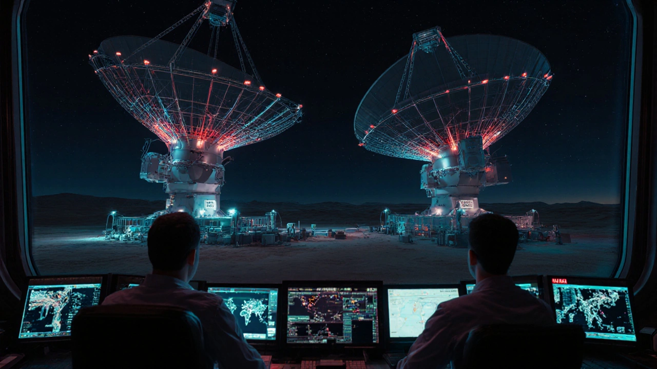 Engineers monitoring ISS communications in the White Sands Complex control room with large satellite dishes visible.