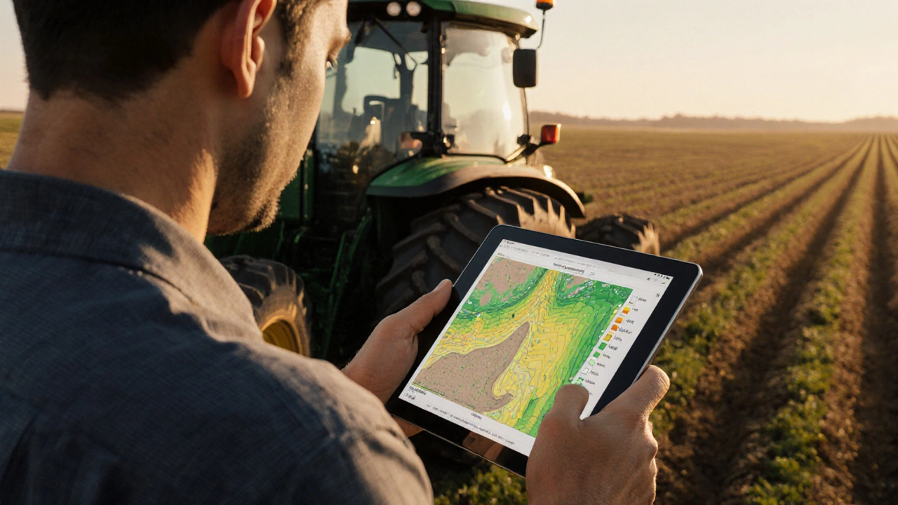 Farmer viewing digital nutrient map overlay on a field, showing variable fertilizer application zones.