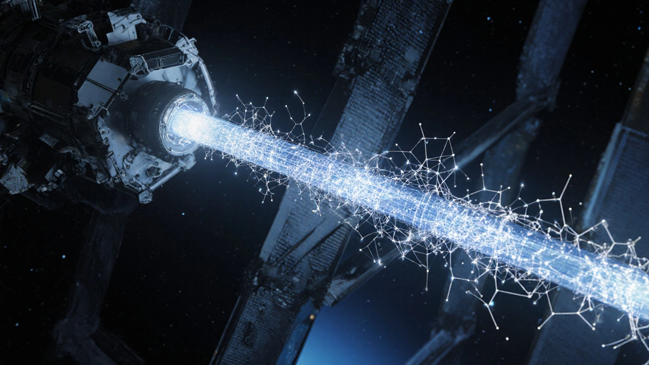 Fiber optic cable embedded in station structure with glowing light patterns showing strain.