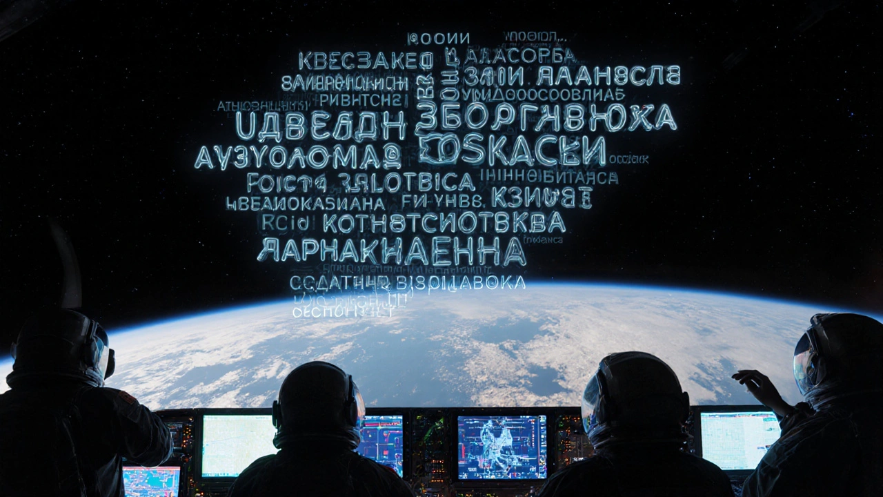 Floating Russian emergency commands hover above the ISS as astronauts work together in silence.