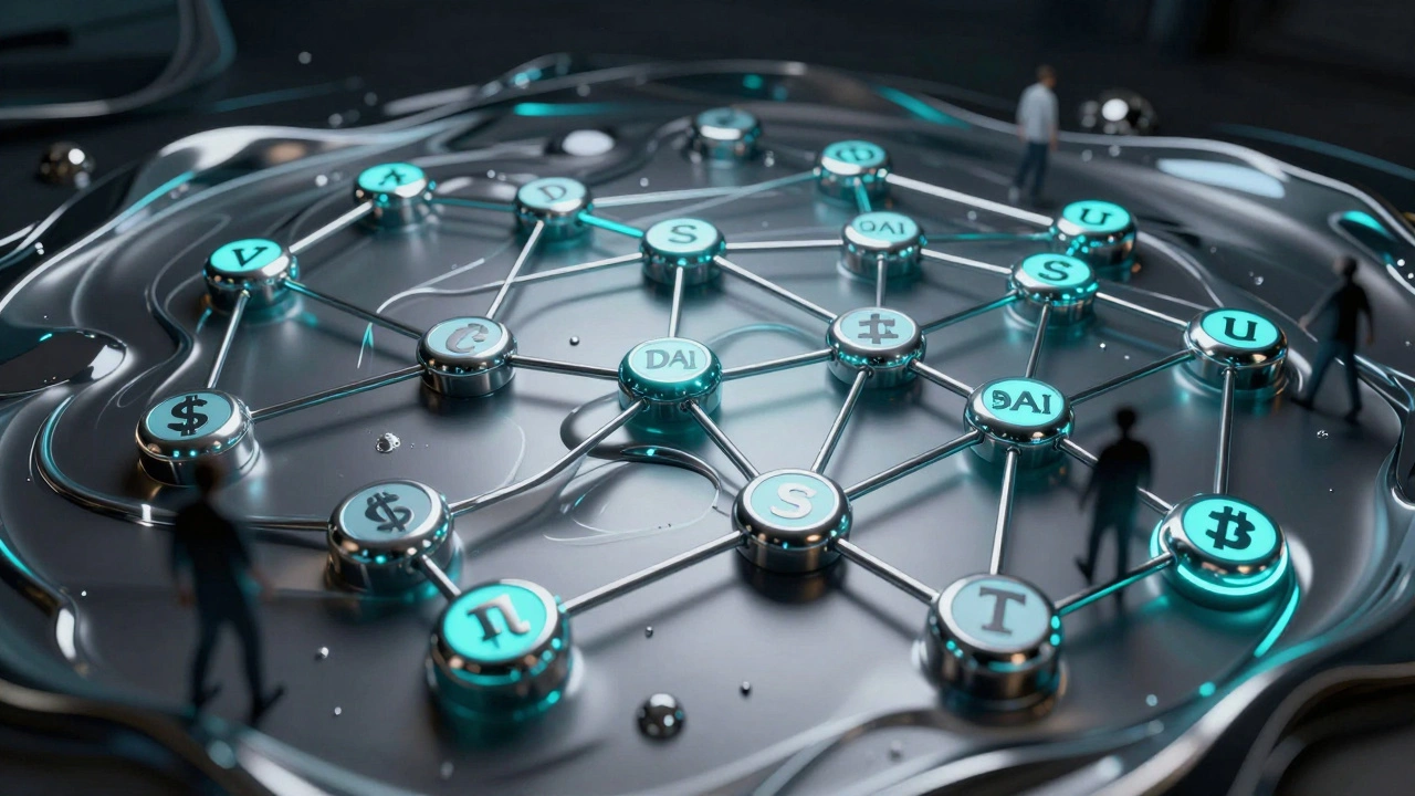 Fluid nodes of USDC, DAI, and USDT self-correcting in a dynamic network with arbitrageurs restoring balance.