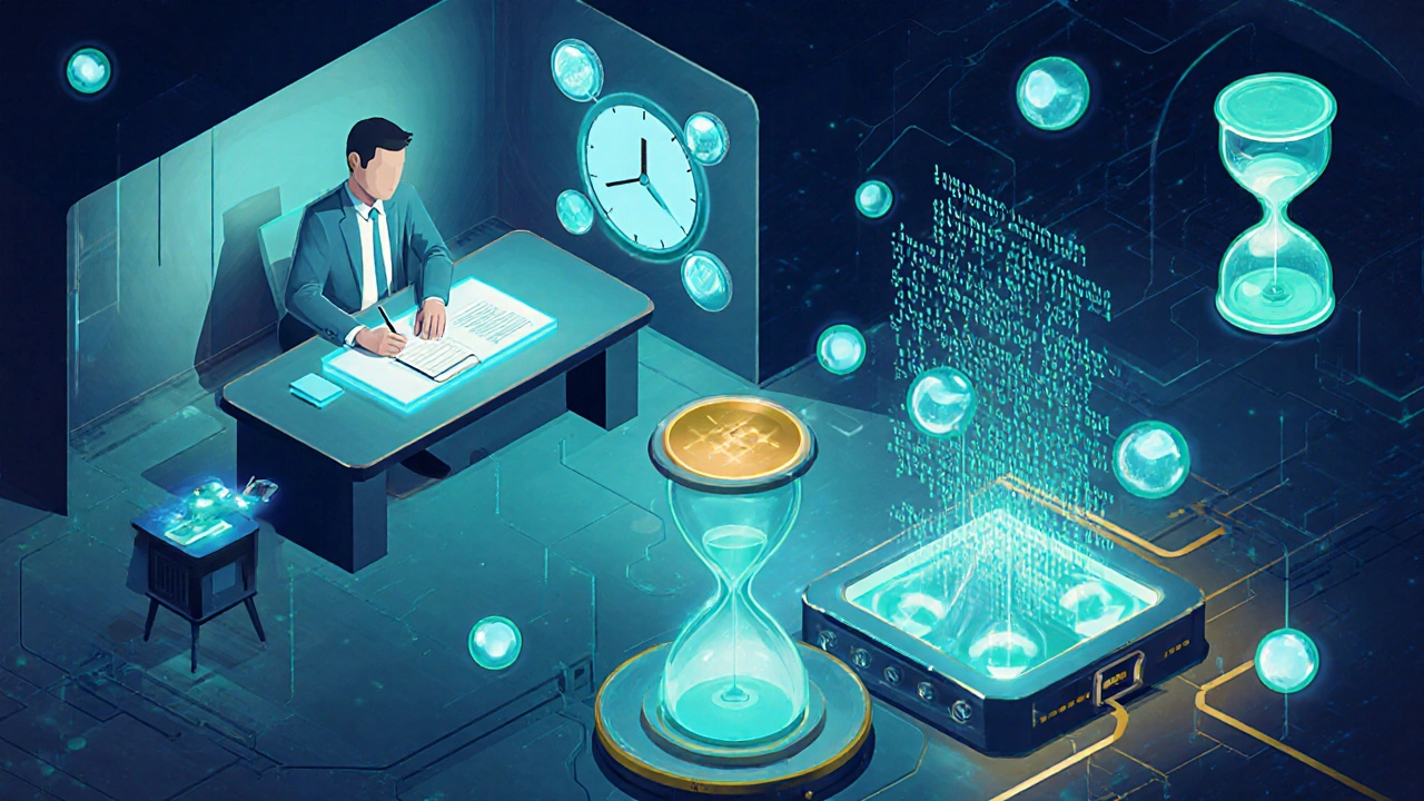 Four abstract models of cross-chain communication shown as holographic symbols in a tech lab.