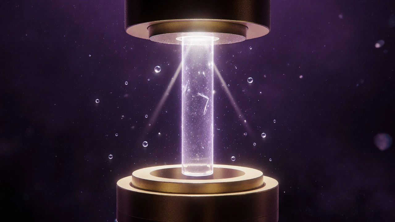 Glowing ZBLAN optical fiber growing in space with perfect light transmission and no internal defects.