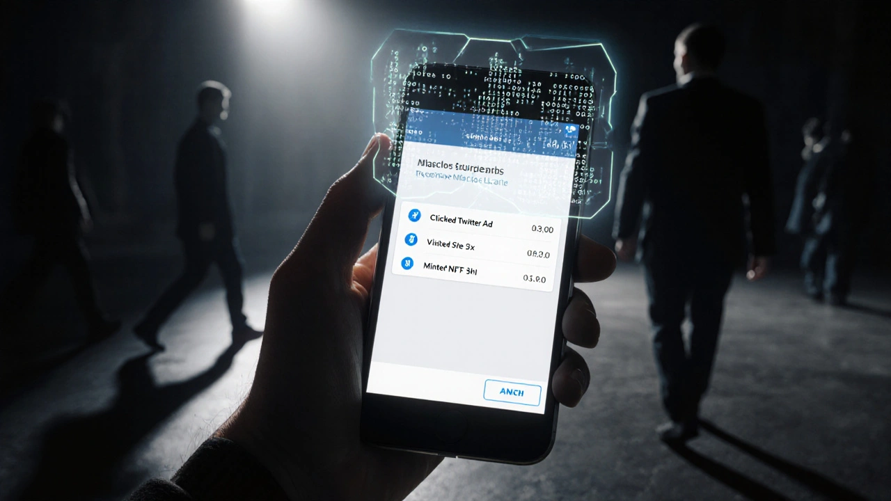 Hand holding smartphone with wallet connection prompt, glowing blockchain ledger above showing ad-to-mint transaction path.