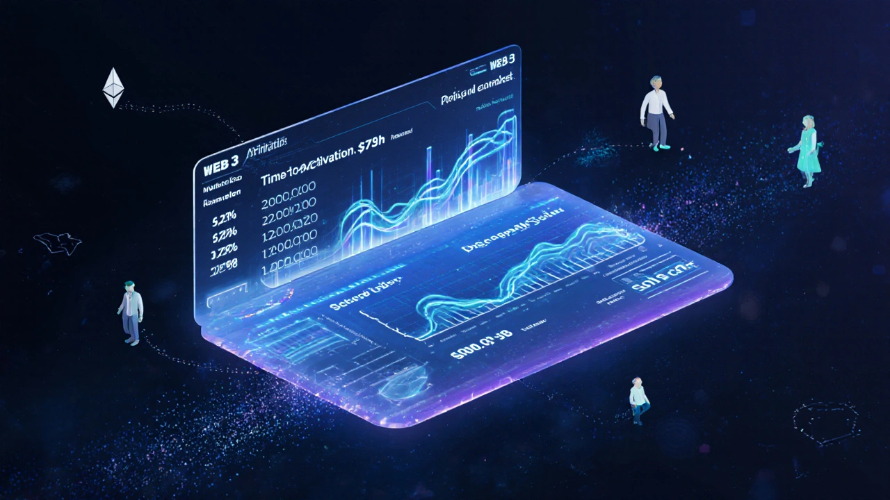 Holographic Web3 attribution dashboard displaying live metrics like time-to-activation and revenue per wallet with animated blockchain trails.
