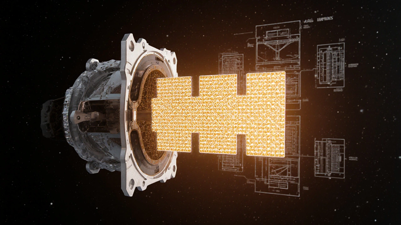Hybrid spacecraft component showing traditional structure next to an adaptive metamaterial antenna with dynamic signal control.