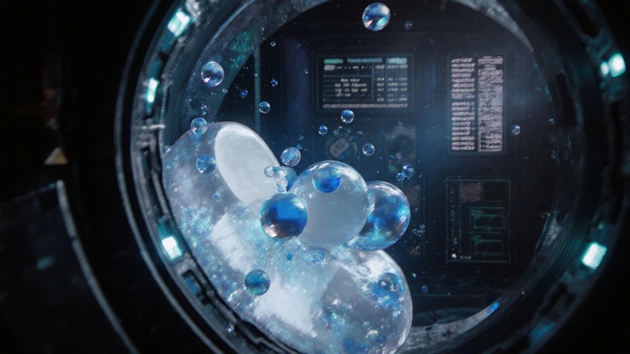 Liquid hydrogen orbs floating in zero gravity during space refueling, illuminated by soft internal lights.